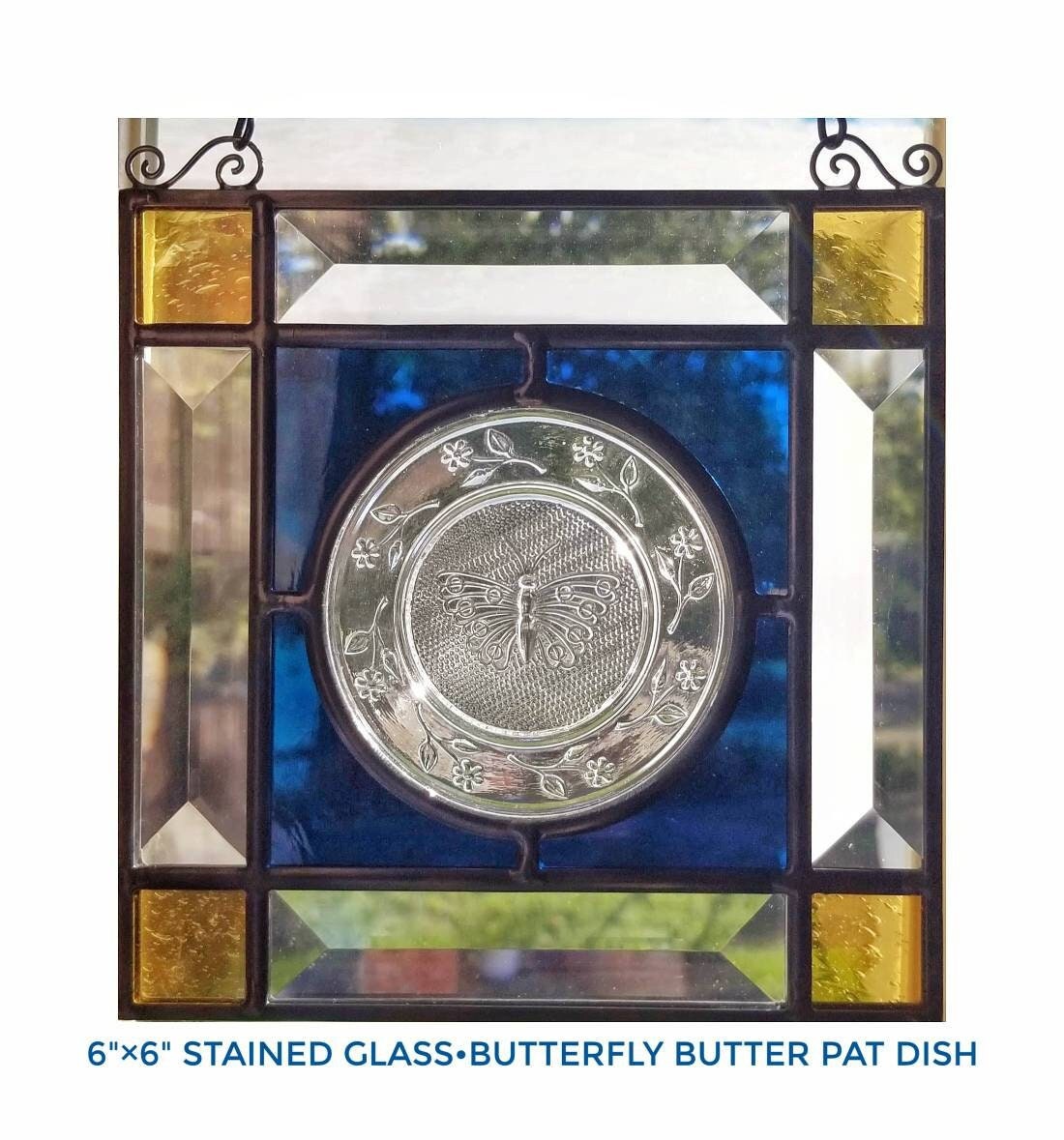 Butterfly Suncatcher, Butter Pat dish, plate. Glass Art window hanging, 6" Square. Vivid Blue, Vintage Stained Glass. Clear Bevels.