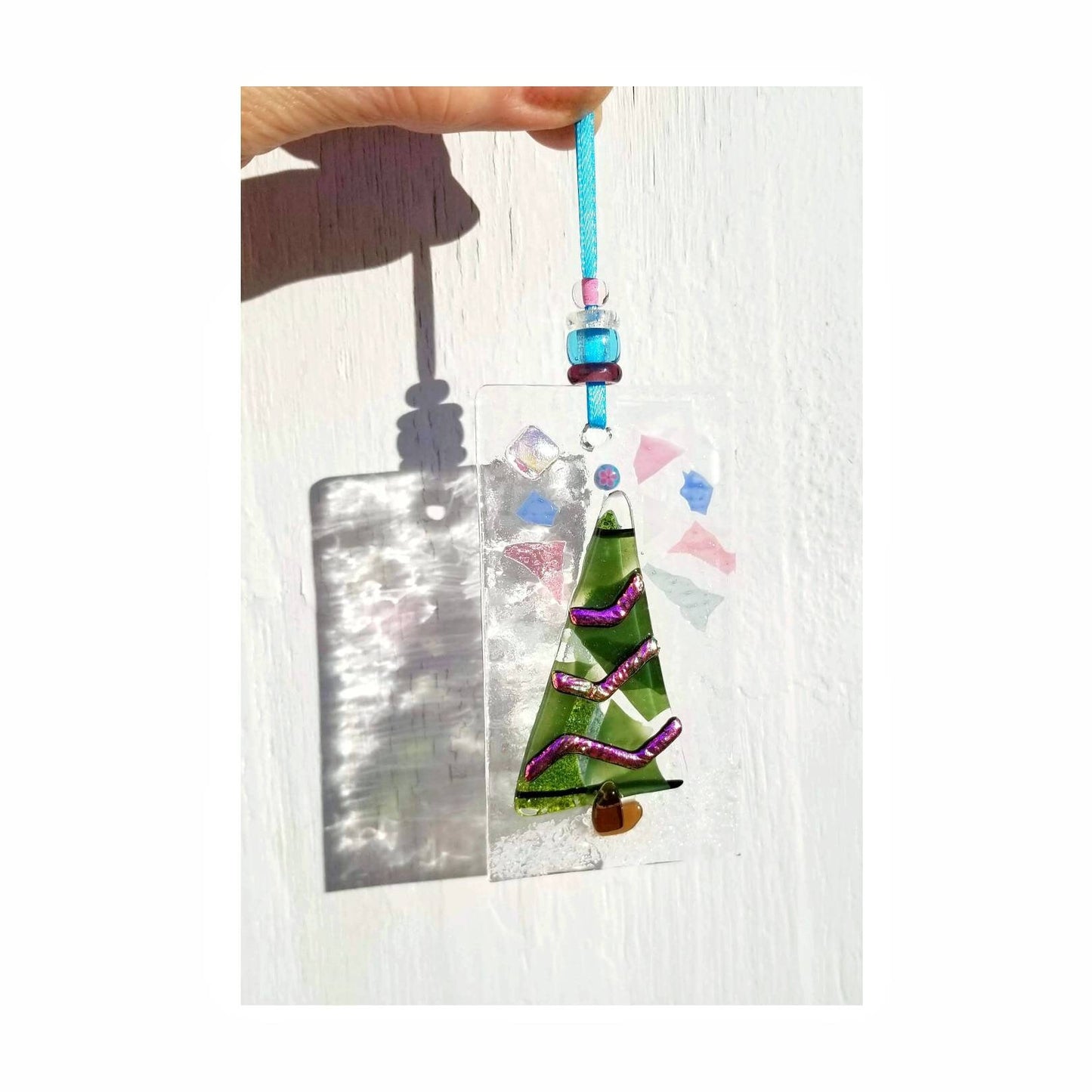 Christmas Tree Ornaments. Kiln Fused Glass & Pink wavy Dichroic glass. Each Gift boxed, free shipping.