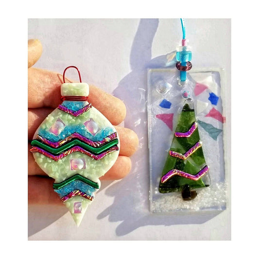 Christmas Tree Ornaments. Kiln Fused Glass & Pink wavy Dichroic glass. Each Gift boxed, free shipping.