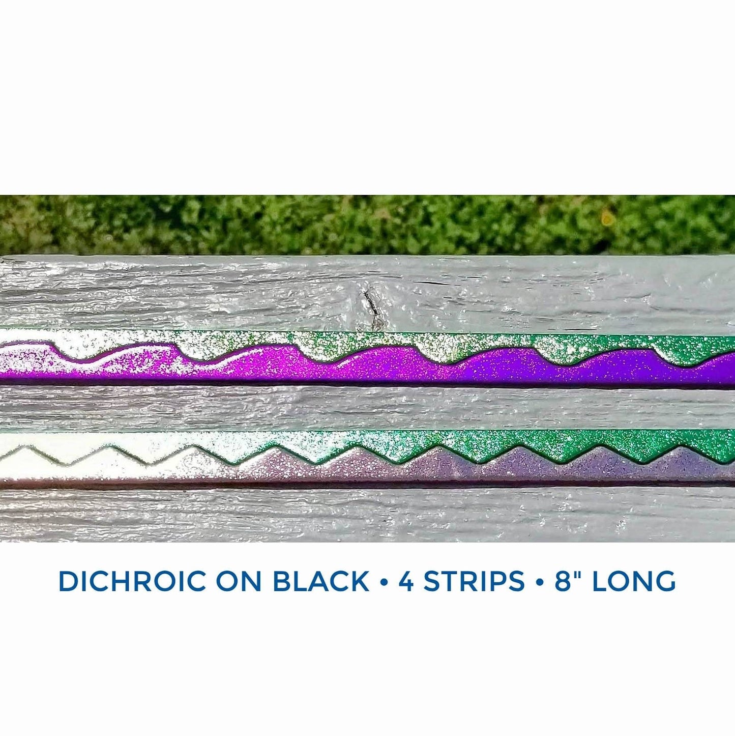 Dichroic Fusible Glass, bright colors on black, 4 strips, each 8" long. Jewelry Accessory Glass. Assorted pre-cut shapes & Mosaic Pieces.
