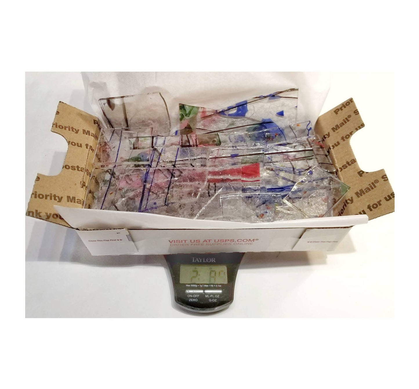 Bullseye Fusible, Stained Glass Pieces, Scrap. Mostly Clear, Accent Colors on Clear Sheets. 2.5 Pounds for Pot Melts, Microwave Kiln Jewelry. Coe 90