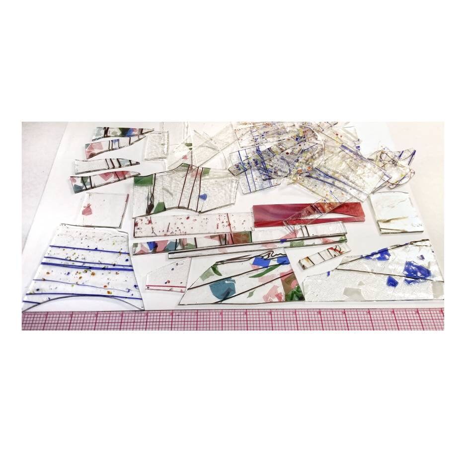 Bullseye Fusible, Stained Glass Pieces, Scrap. Mostly Clear, Accent Colors on Clear Sheets. 2.5 Pounds for Pot Melts, Microwave Kiln Jewelry. Coe 90