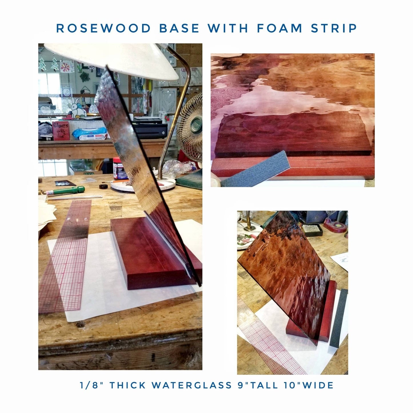 Rosewood display stand. Slotted for Fused glass artwork & stained glass. 8'' Name plate or sign holder. Paintable, cutable. Free shipping.