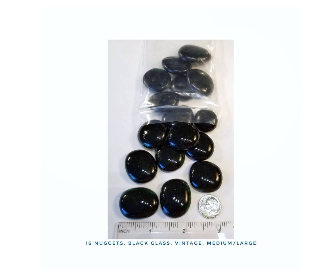 Glossy Black Glass Nuggets for Stained Glass. Mosaics, Jewelry supply. Art & Craft Projects. Large/Medium size. Mostly Oval with Round.