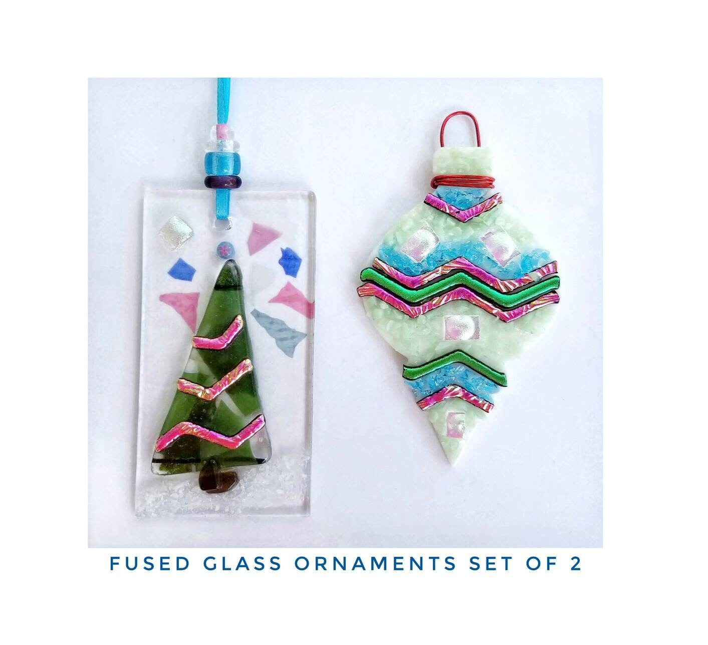 Cute Glass Ornaments. Use as Gift Bag, Basket Items. Set of 2. Fused Glass Art Handmade w/ Bright Dichroic Colors. Kiln Fired. 2 gift boxes.