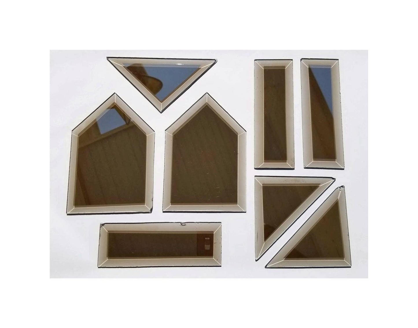 Bronze Stained Glass Bevels. Mirrored on the Front Surface to a Smokey Glass. Unusual see thru Mirror, Vintage 1980's. 25 total, 3 shapes.