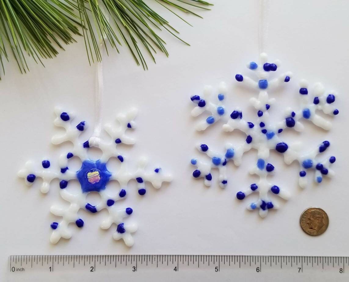 Snowflake Ornaments, Fused Glass Suncatchers. Set of 2. Blues, Cobalt & White. Celebrate with decor for Hanauka or Christmas. 2 gift boxes.