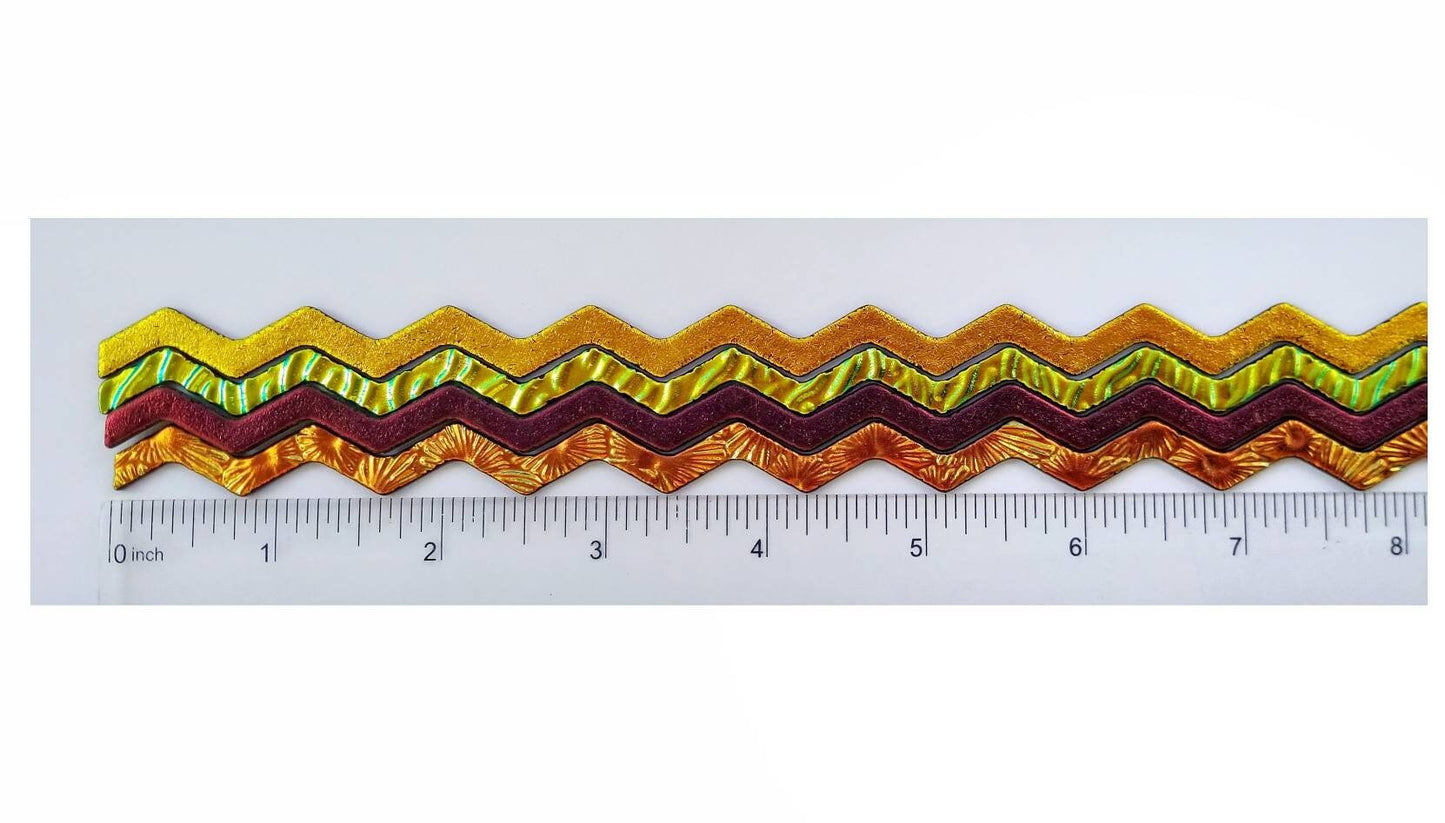Dichroic Sheet Glass. Fire Strips on Black. Orange, Pink, Red, Yellow. Coe 90 Fusible. Diy Jewelry Supply. 4 pieces, approx. 8" wavy.
