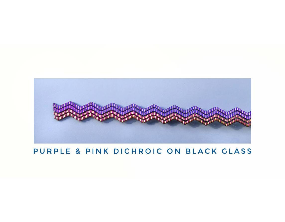 Dichroic Sheet Glass. Bright Purple, Pink Orange on Wavy Black Glass. 4 pieces, each 8" long. Coe 90 Fusible Glass. Jewelry accessories.