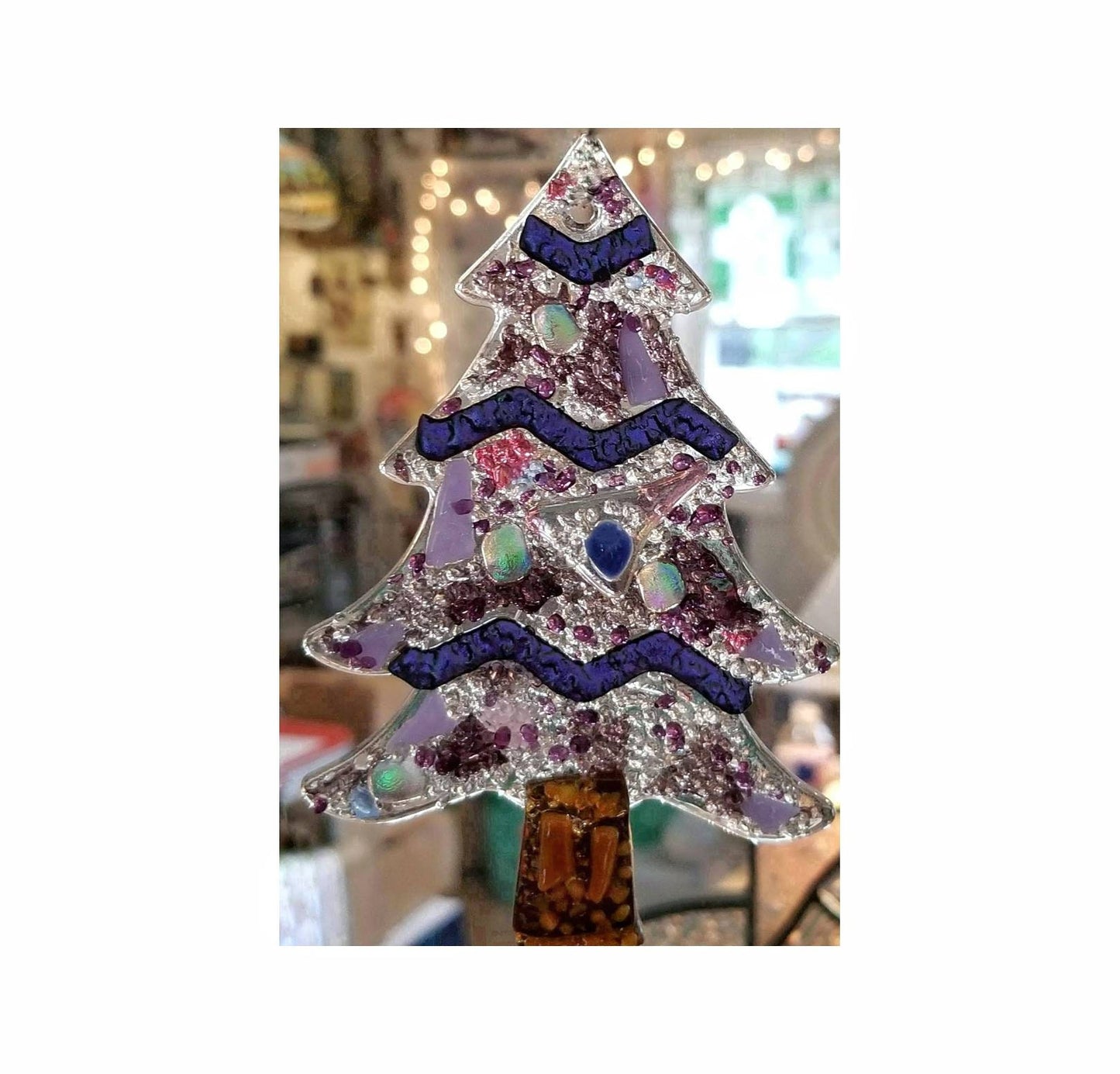 Purple Glass Tree Suncatcher. Dichroic shapes & crushed glass are kiln fired to create this hanging ornament. Gift boxed, shipping included.