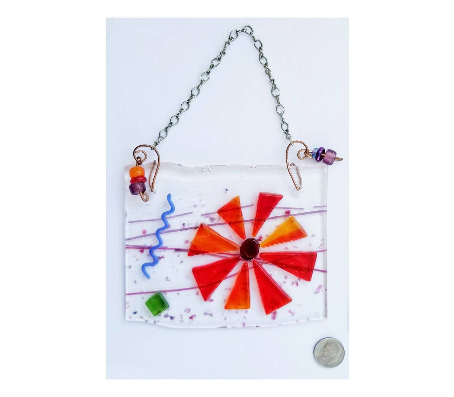 Flower Suncatcher, Window Hanging. Fused Glass Daisy. Orange, Purple. Torched & Flameworked Embellishments. Copper wire with glass beads.