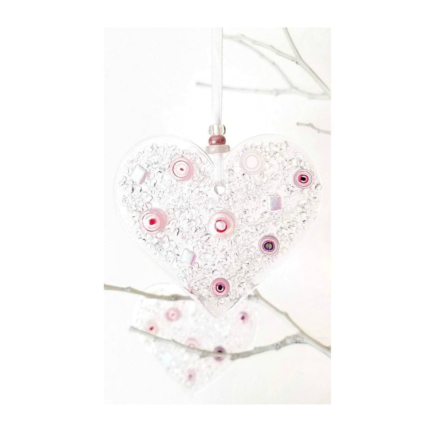 Heart Valentine Suncatcher, Kiln Formed Glass Window Hanging. Colorful Pink Murrine are melted with crushed glass. Pretty all year round.