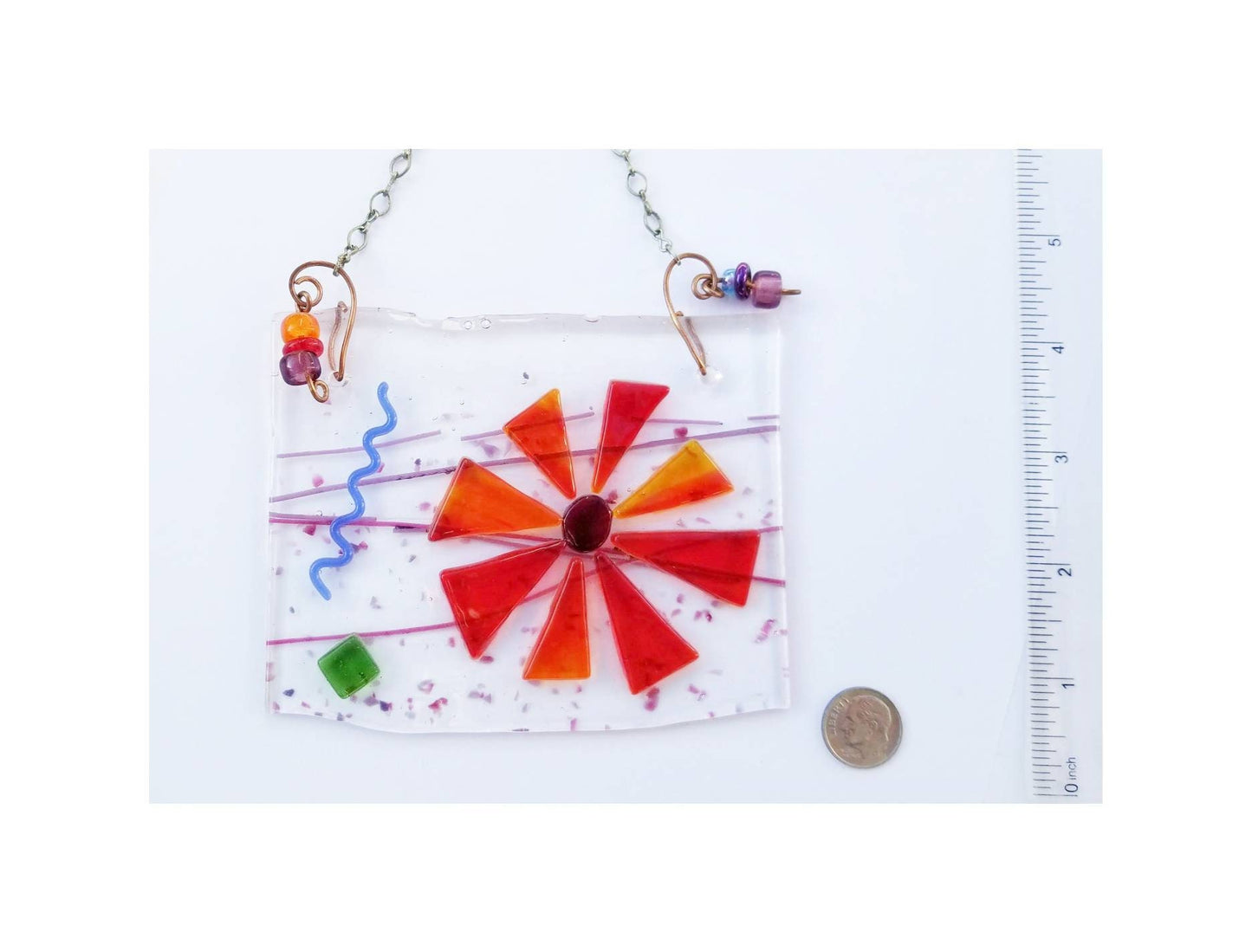 Flower Suncatcher, Window Hanging. Fused Glass Daisy. Orange, Purple. Torched & Flameworked Embellishments. Copper wire with glass beads.