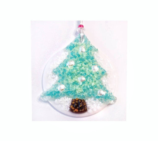Christmas Tree Ornament. Fused Glass Art with green & white Embellished with Iridescent Dichroic glass. Includes beaded loop with gift box.