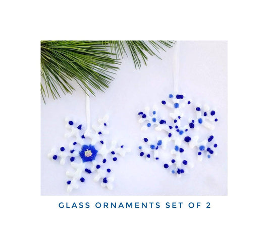 Snowflake Ornaments, Fused Glass Suncatchers. Set of 2. Blues, Cobalt & White. Celebrate with decor for Hanauka or Christmas. 2 gift boxes.