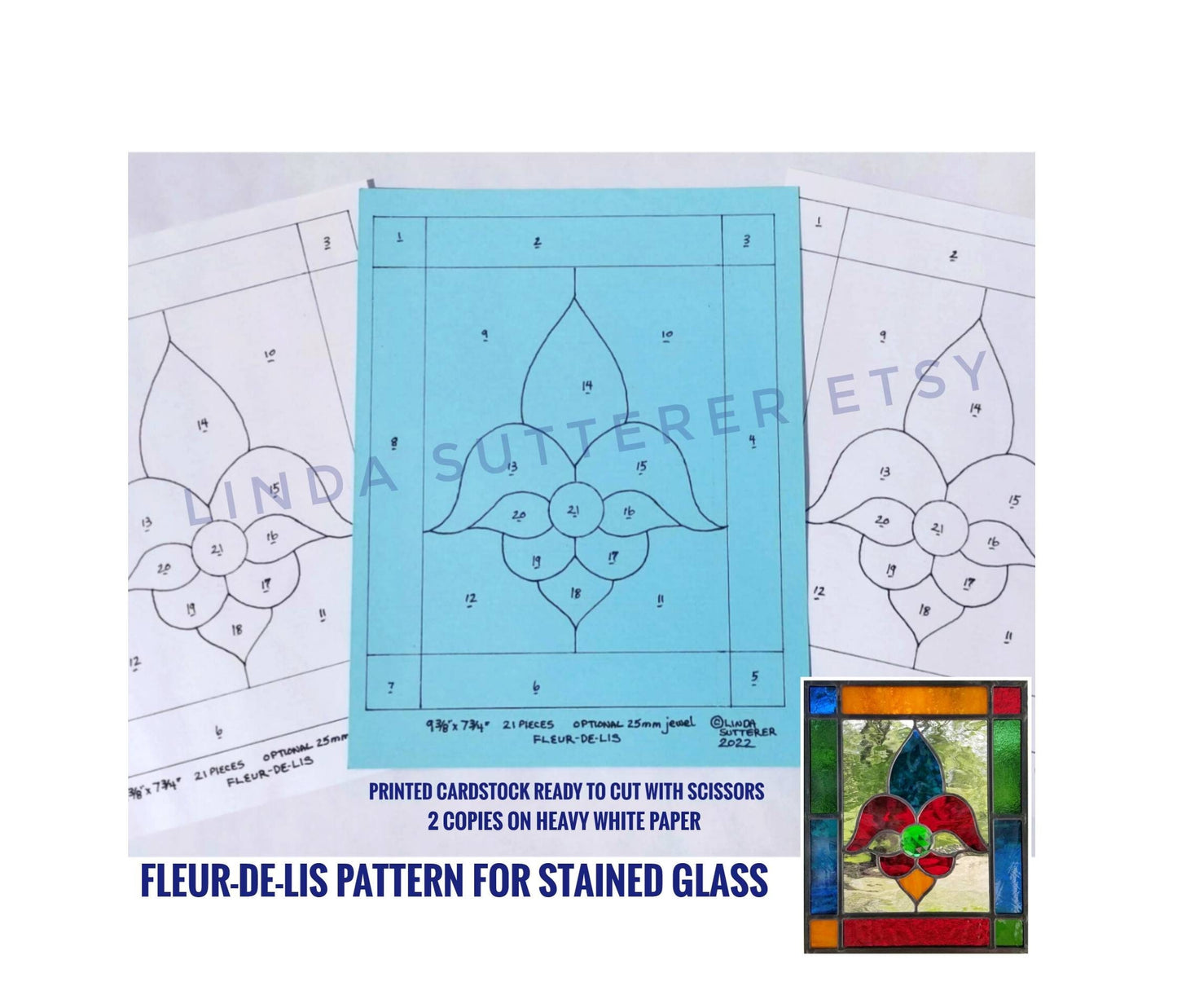 Fleur-de-Lis Pattern for Stained Glass. Printed on Cardstock, ready to cut with Scissors. Layout copy on heavy White paper to build onto.