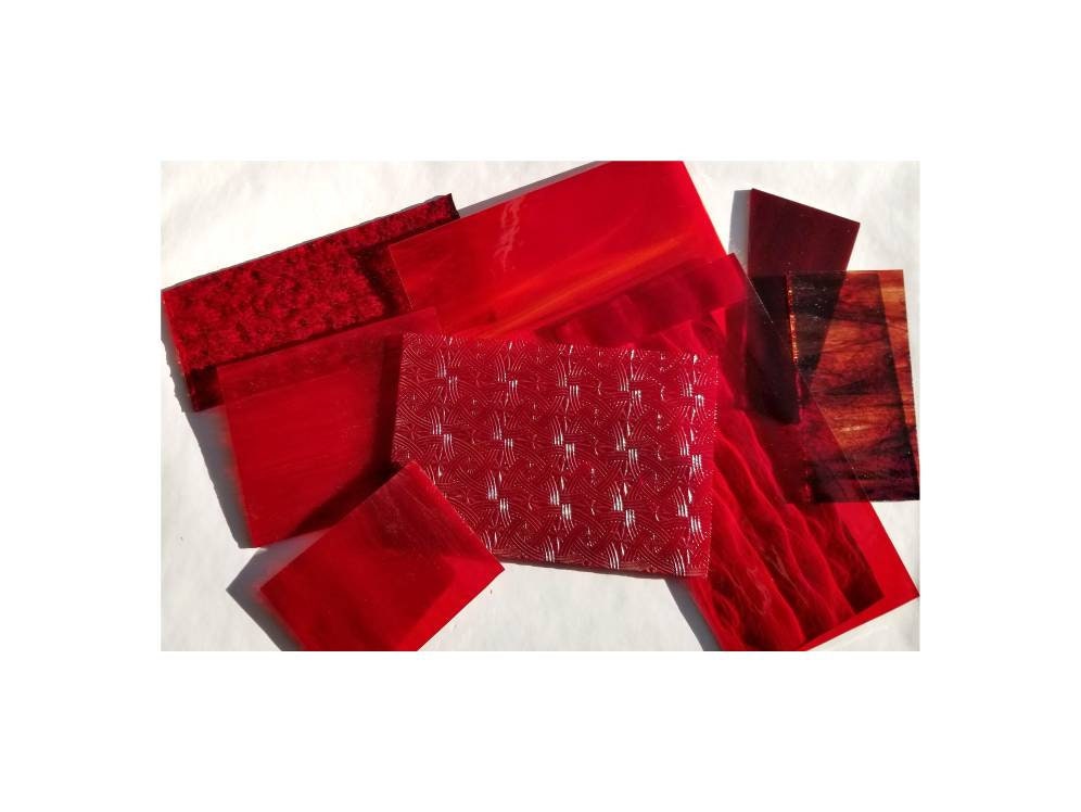 Red Stained Glass Sheets. Celtic, Water & Granite Textures. Diy for Panels, Leadlites. Glass on Glass Mosaic. Christmas Crafting Supply.