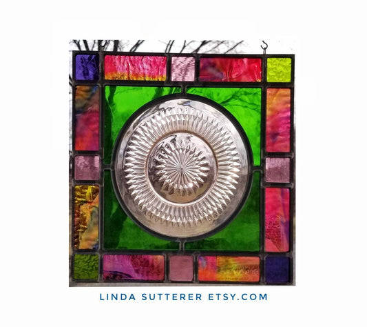 Glass Art Window Hanging. 10" Square. 1940's Era Vintage Glassware, Pink Anniversary Pattern. Depressionware Collectors Saucer.