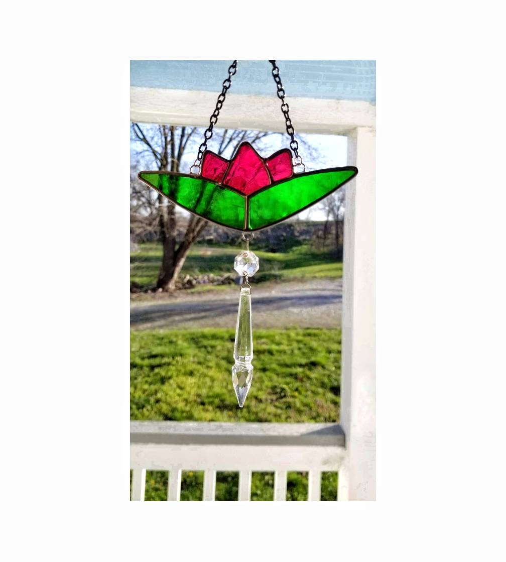 Pink Glass Flower. Suncatcher, Handmade by Me using Vintage Blown Glass. Lotus Shape. Nice Window Hanging Gift for Mother or Special Friend.