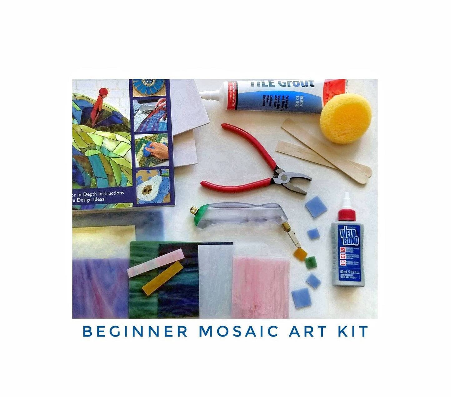 Beginner, Mosaic Art Kit. Stained Glass, Palm Grip Cutter & Guide Book. Pair of Nice Wood Plaques, 8"× 10". Makes a Lovely Gift for Two.