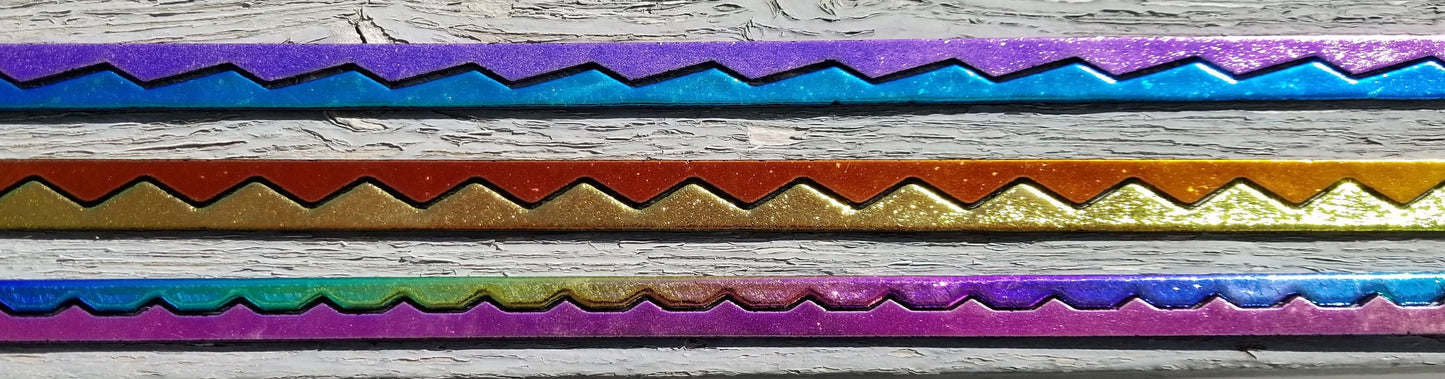 Dichroic, Fusible Glass, Bright Colors on Black. 4 strips, 8"+-long. Coe 96. Jewelry Making. Assorted pre-cut wavy shapes & Mosaic Pieces.