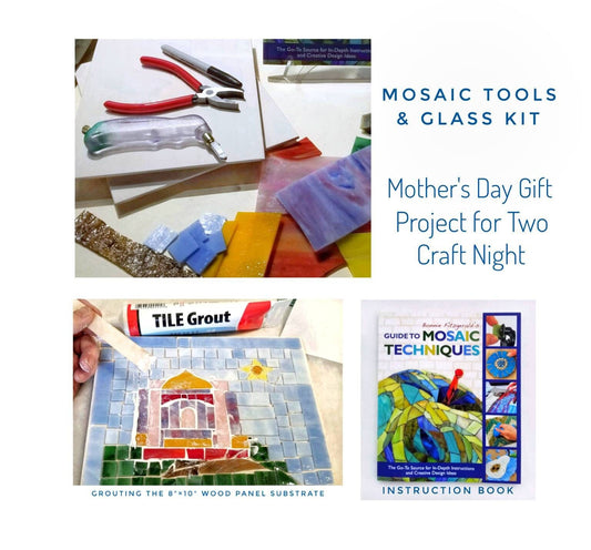 Beginner, Mosaic Art Kit. Stained Glass, Palm Grip Cutter & Guide Book. Pair of Nice Wood Plaques, 8"× 10". Makes a Lovely Gift for Two.