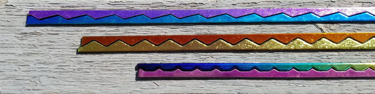 Dichroic, Fusible Glass, Bright Colors on Black. 4 strips, 8"+-long. Coe 96. Jewelry Making. Assorted pre-cut wavy shapes & Mosaic Pieces.