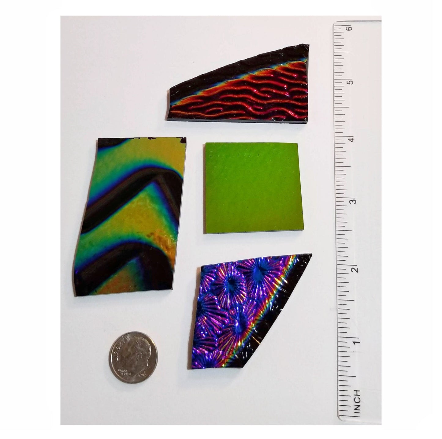 Dichroic Rainbow Glass on Black. Coe 90, Fusible Glass for Jewelry. 4 pieces, thin & thick sheets, Mosaic Pack, Crafts, Mixed Media Supply.