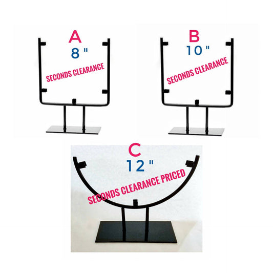 Display Stands, SECONDS. Glossy Black Metal 8, 10, 12 inch wide. Stained or Fused Glass Art Holder, Sturdy Base. Scratched, Dented on Base.