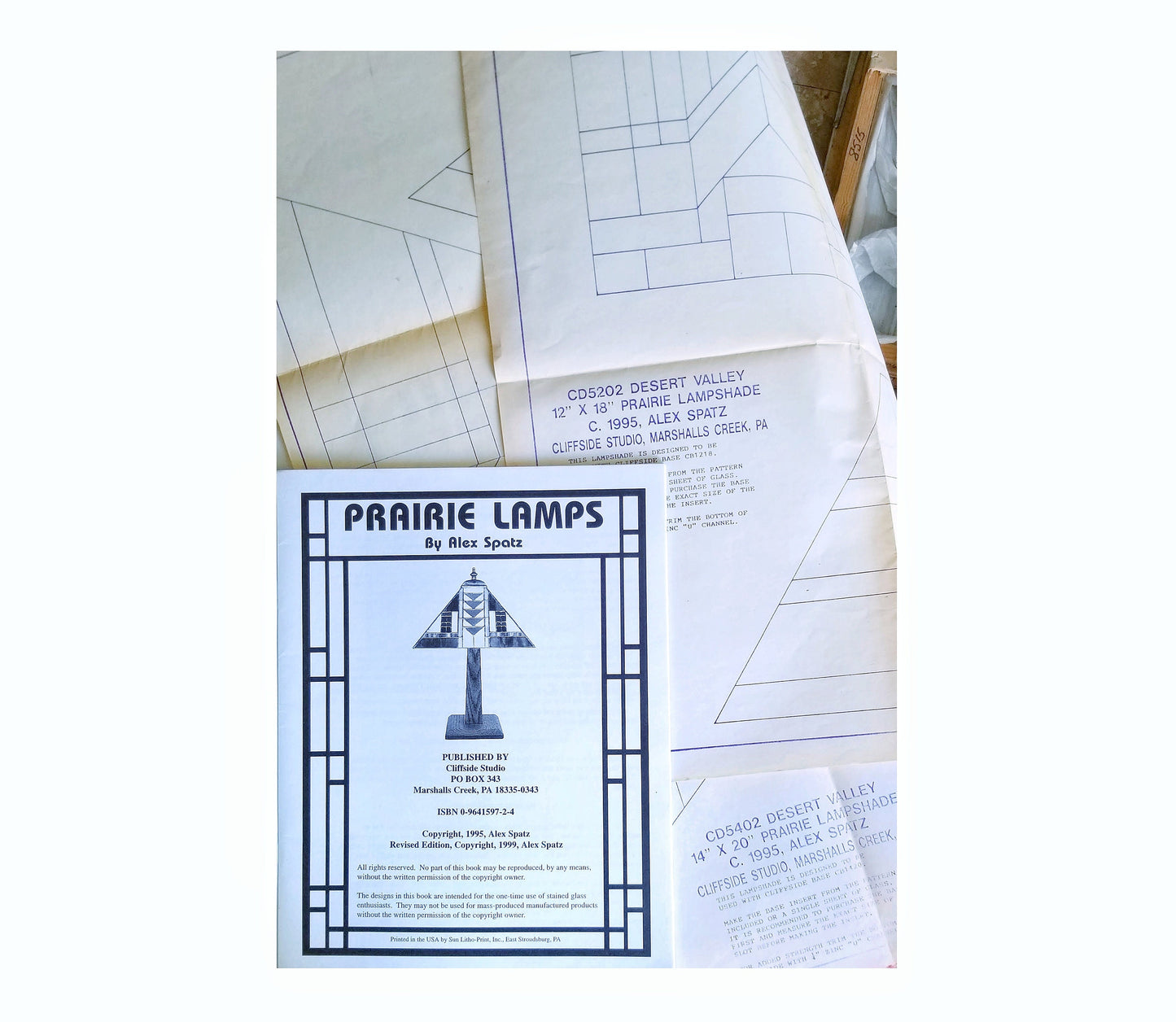 Stained Glass Design Book. Prairie Style Patterns. Nice variety of geometric line drawings for Lamps. Author, Alex Spatz. Used,
