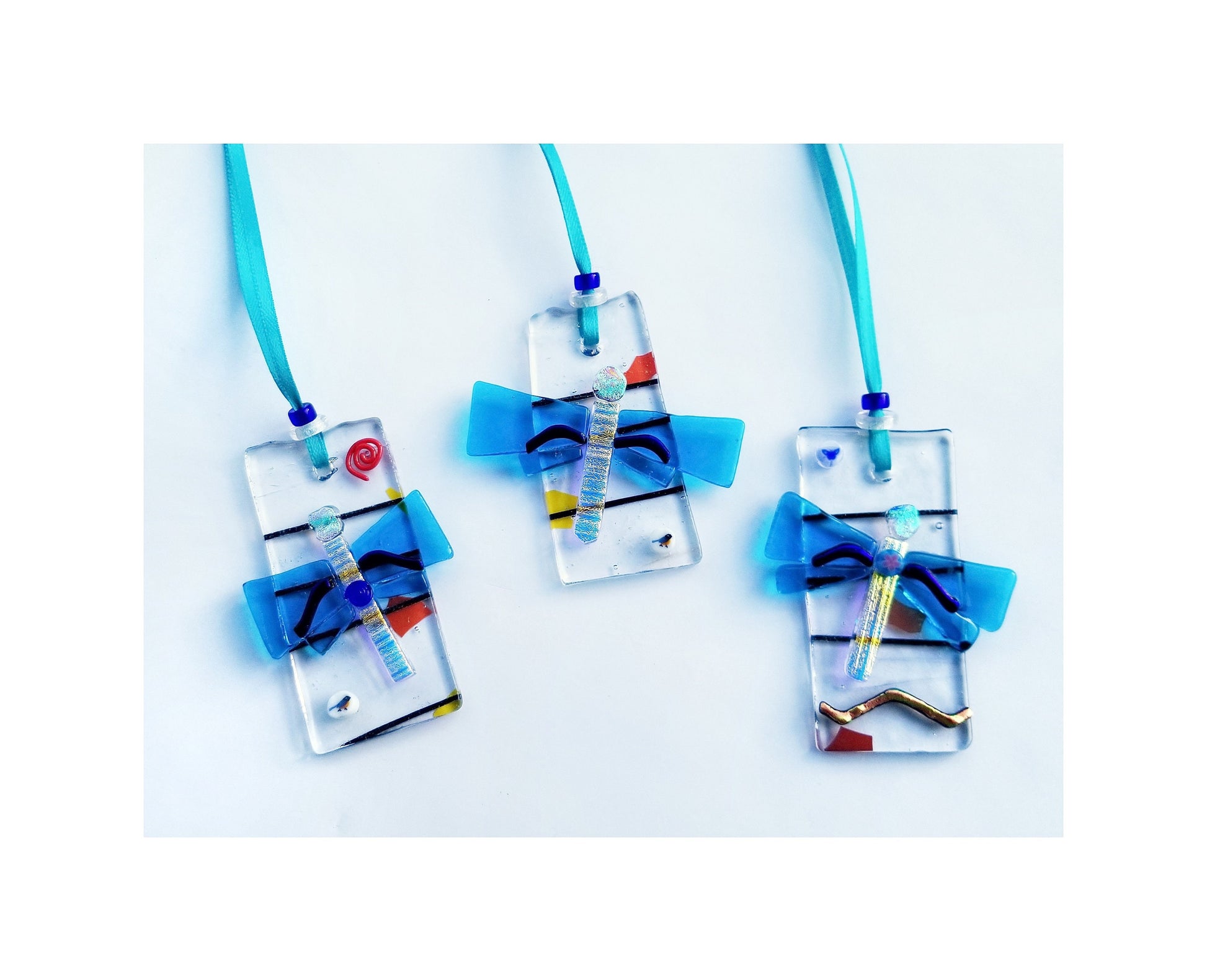 Glass Dragonfly Suncatcher. Azure Blue Wings with Shiny Dichroic Glass. Handmade by Me. Memory Charm, Gift Boxed for Mother, Special Friend.