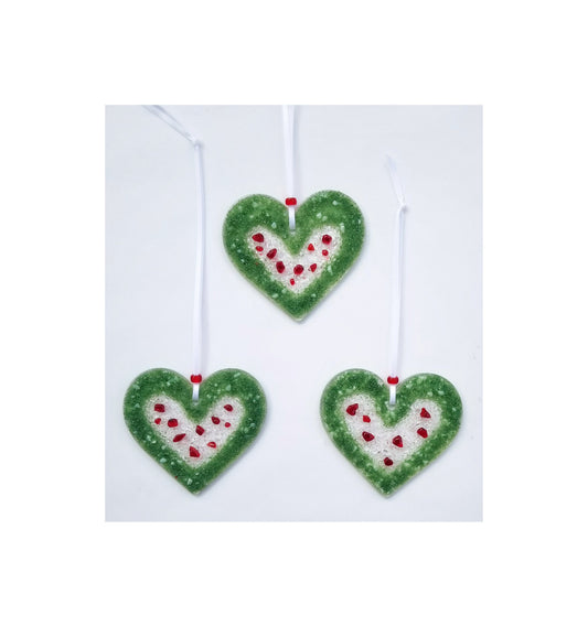 Heart Shaped Wreath. Fused Glass Ornament, Suncatcher. Red & Light Green crushed glasses are kiln fired onto clear glass. Handmade by me.