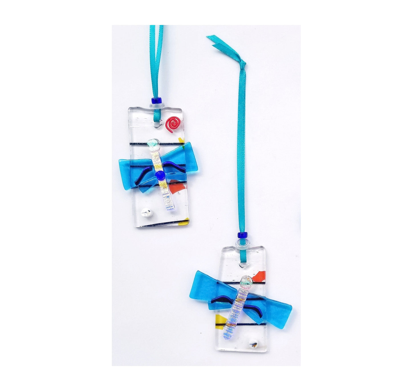 Glass Dragonfly Suncatcher. Azure Blue Wings with Shiny Dichroic Glass. Handmade by Me. Memory Charm, Gift Boxed for Mother, Special Friend.
