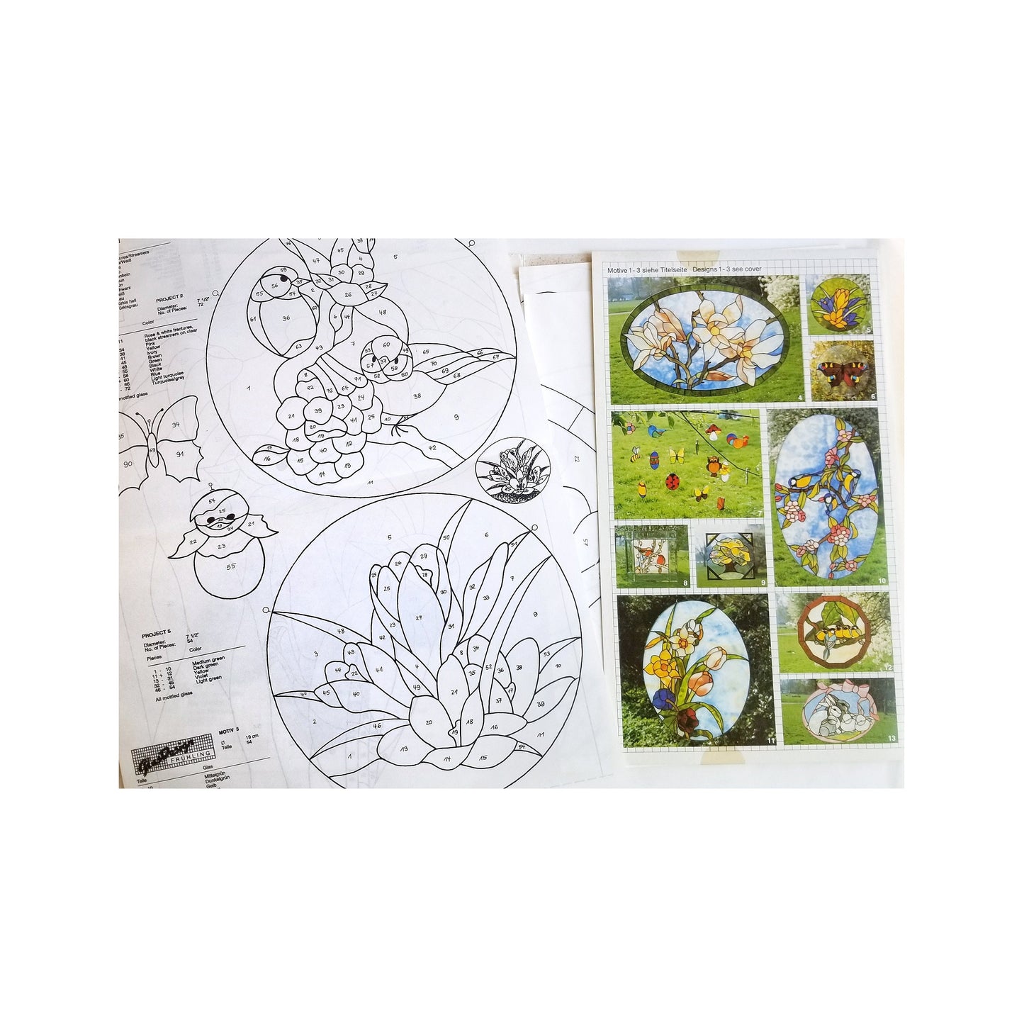 Spring, Designs Stained Glass, Vintage Used, Good Condition. Full size patterns are nicely printed. German Author Artists Series.