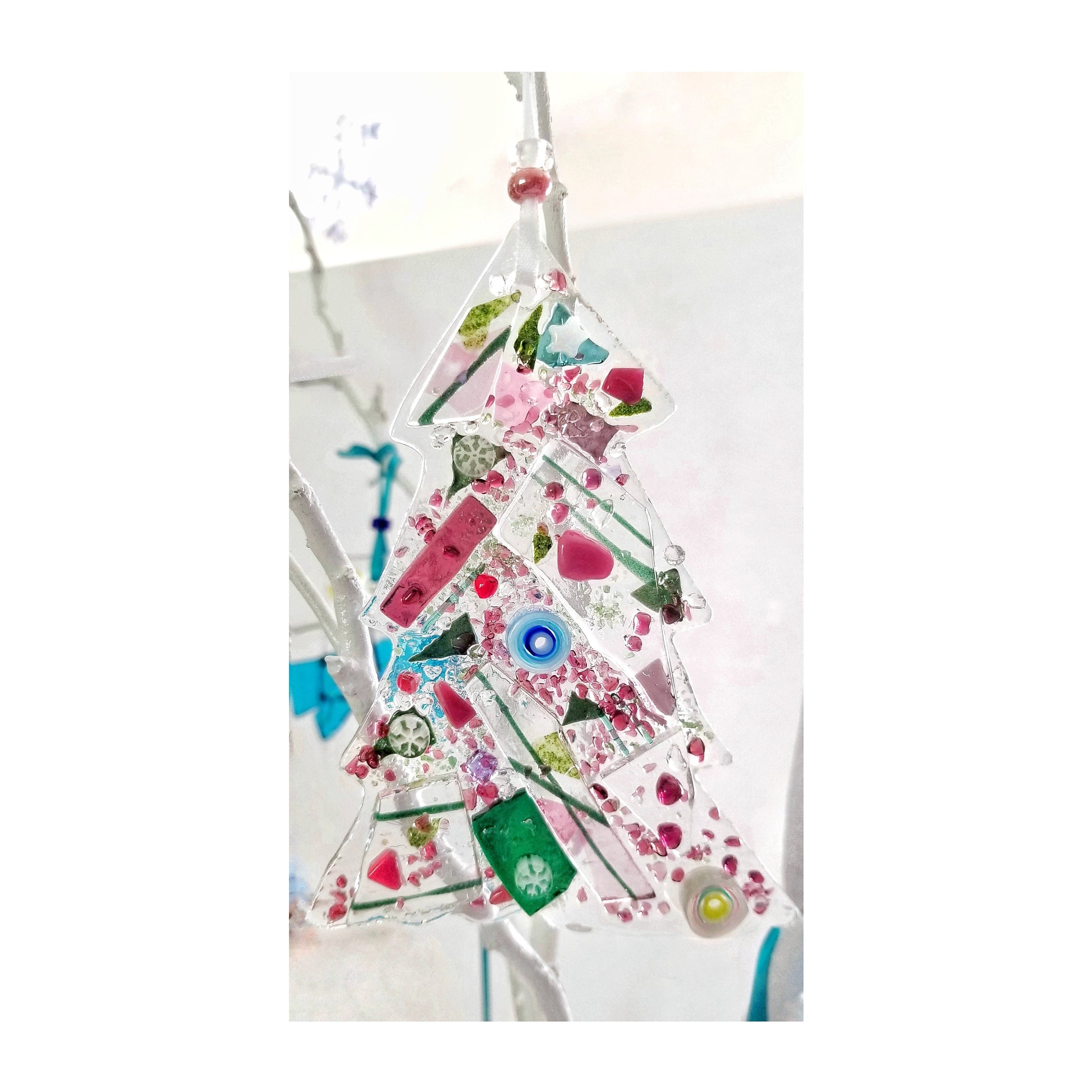 Fused Glass Tree, Hanging Ornament. An array of Pinks, Greens with Dichroic & Crushed glass. Lots of little details. Find the snowflakes.