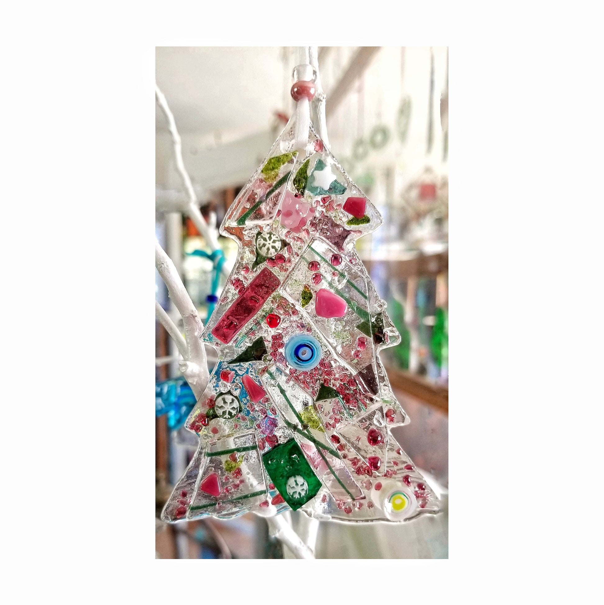 Fused Glass Tree, Hanging Ornament. An array of Pinks, Greens with Dichroic & Crushed glass. Lots of little details. Find the snowflakes.