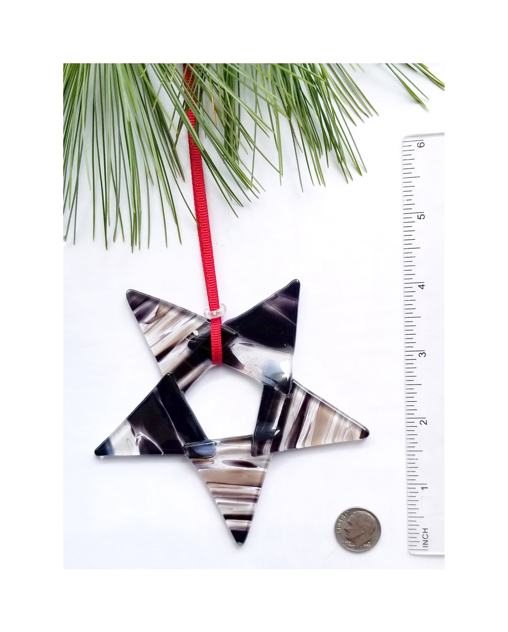 Fused Glass Star Suncatcher. Black & White Christmas Theme. Mantle Decor, Window Hanging Ornament. Gift boxed, shipped free.