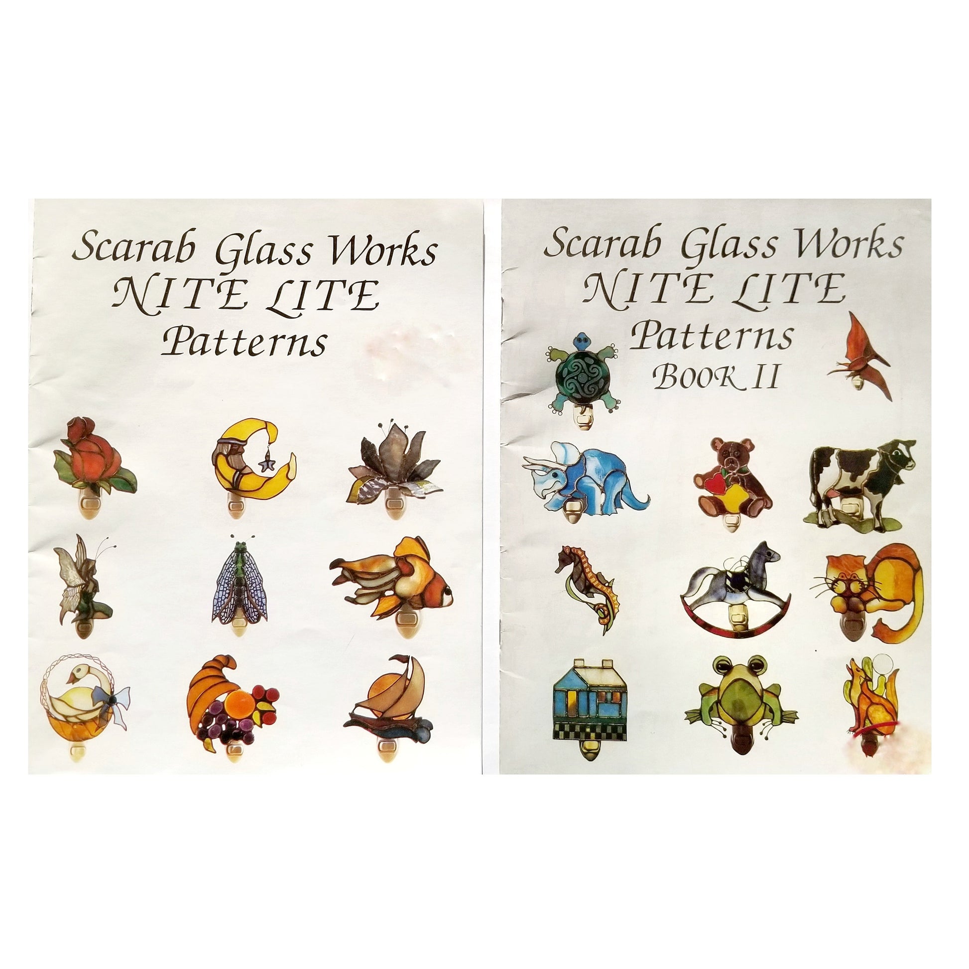 Stained Glass Books for Night Lights. Vintage in Fair condition. Small Cute Patterns for Suncatchers. Nice use of Glass Colors & Techniques.