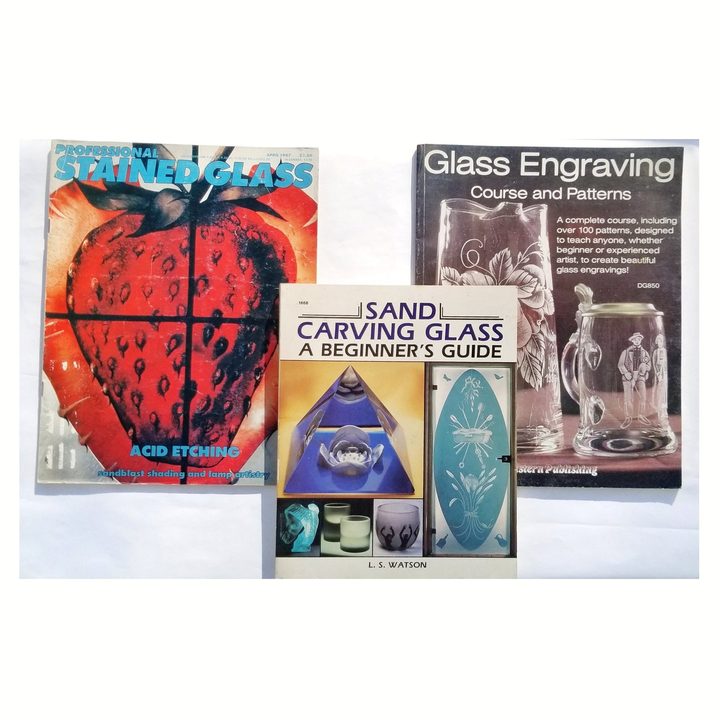 Etched & Sandblasted Glass Patterns. 2 Instruction Books with 1 Magazine. Diy Stemware etching. Used, Vintage, Fair Condition.
