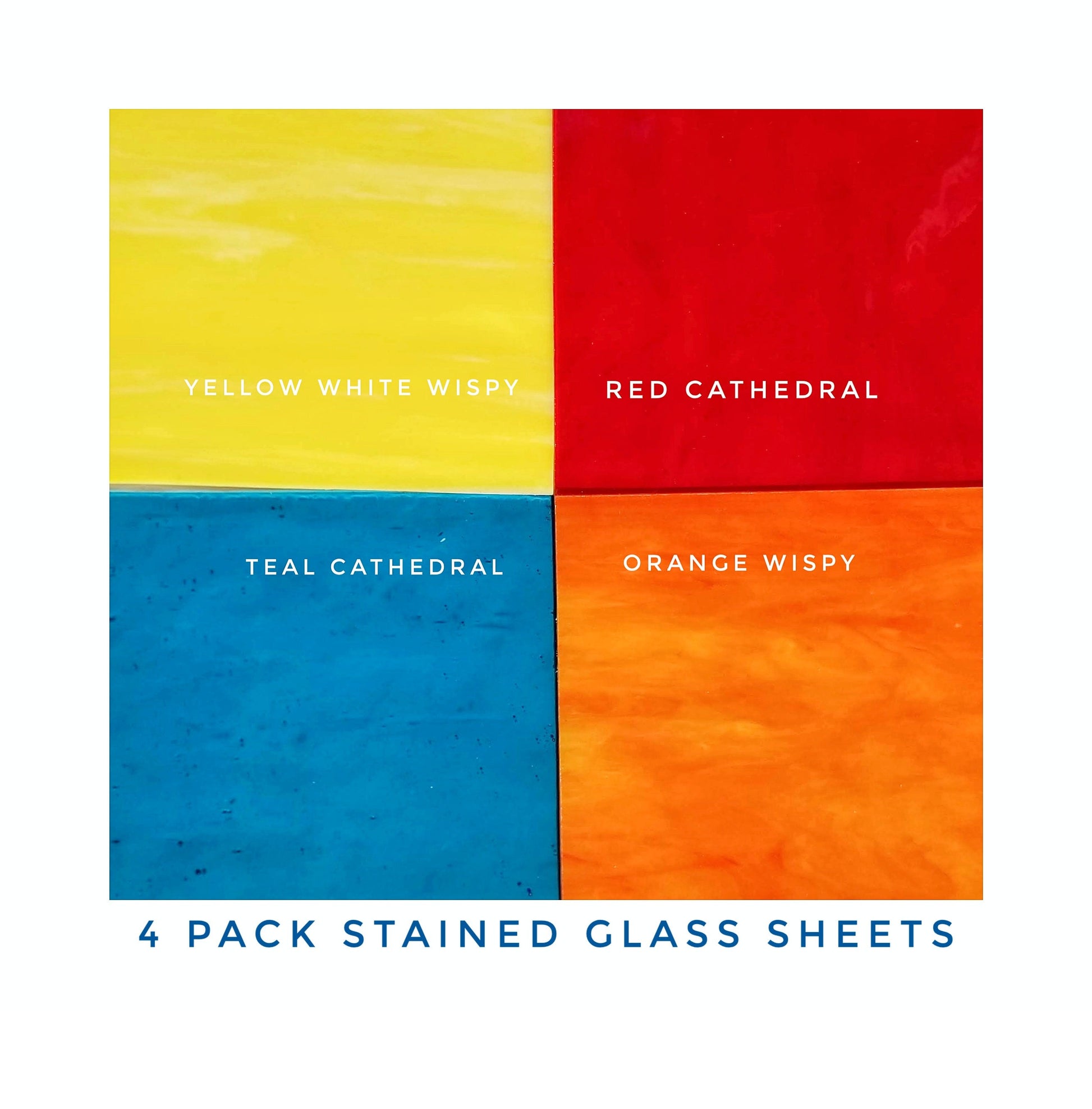 4 Color Glass Pack. Diy, easy to cut sheets. 2 Wispy Opal & 2 Cathedral Style See Through. 8"× 8" or 5"× 8" Red, Yellow, Orange, Teal Blue.