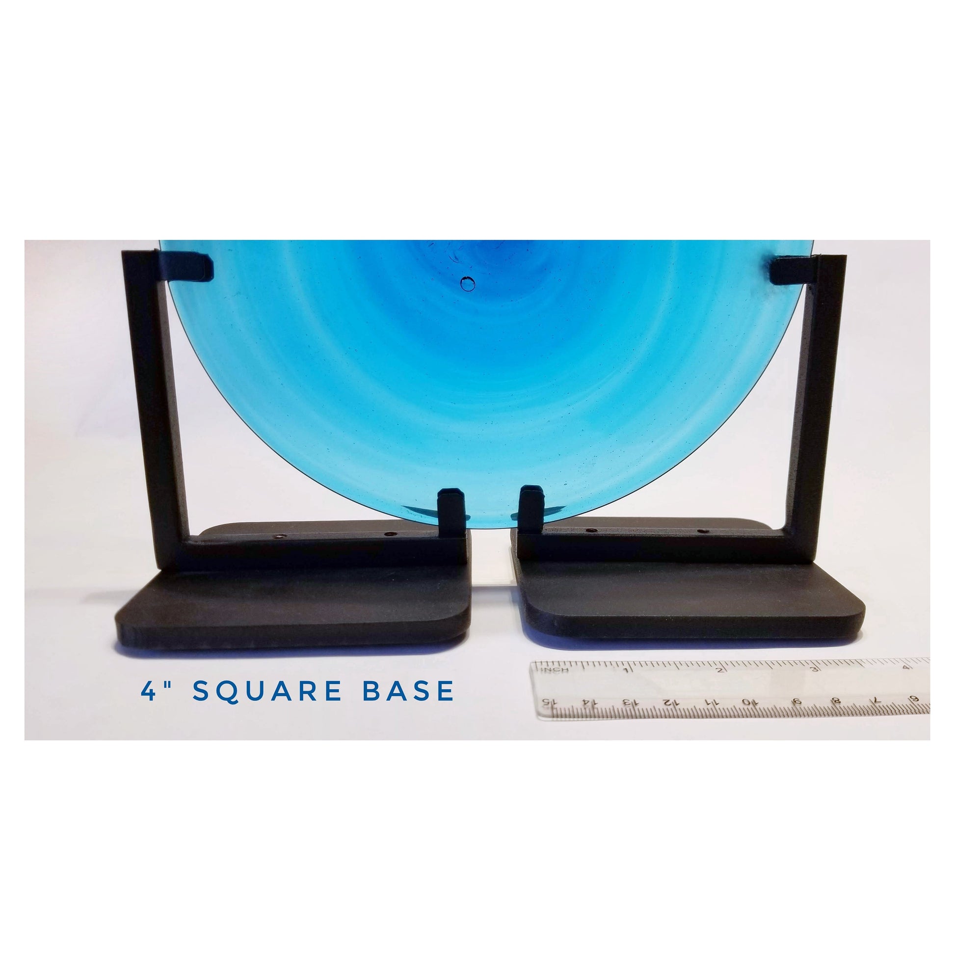 Display stand on sturdy base. Black Metal 4" Frame for Round or Squared Glass Art. Heavy wrought iron for mixed media art. Single or Pair.