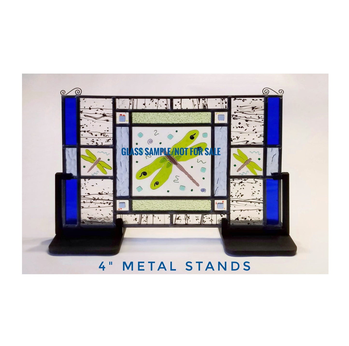 Display stand on sturdy base. Black Metal 4" Frame for Round or Squared Glass Art. Heavy wrought iron for mixed media art. Single or Pair.